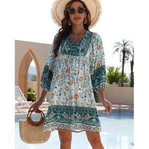 Qearal Womens Casual V Neck 3/4 Sleeve Boho Floral Printed Loose Short Summer